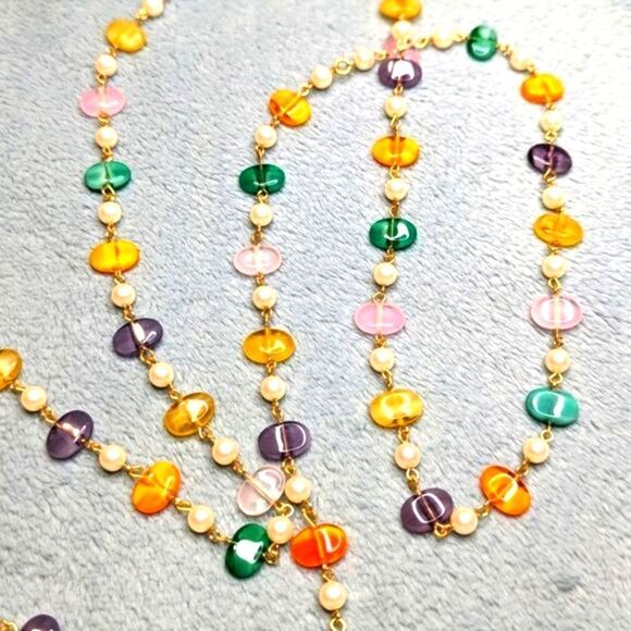 Vintage Natural Stone/Quartz Necklace w/ Faux Pearl Accents - 48" Long - Picture 8 of 8